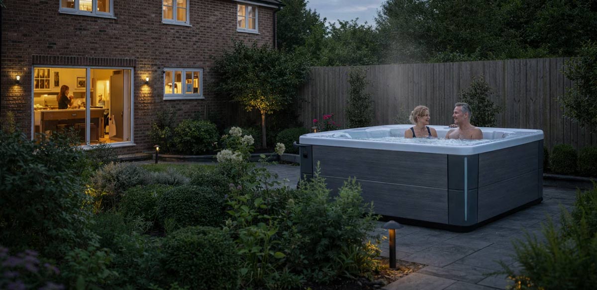Hot tub in use as part of a calm evening garden scene at a UK home