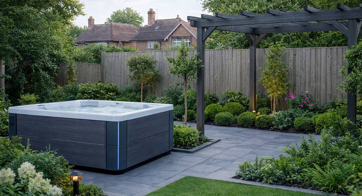 Hot tub positioned away from garden boundary with fencing and planting for privacy and noise control