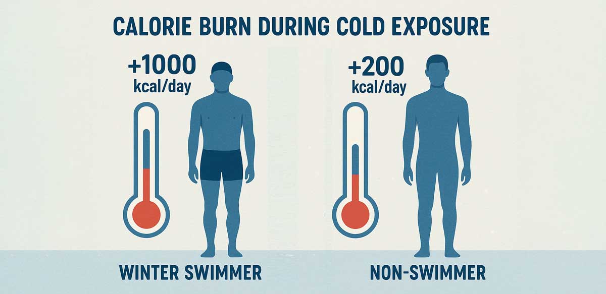 Infographic comparing energy burn in winter swimmers vs controls