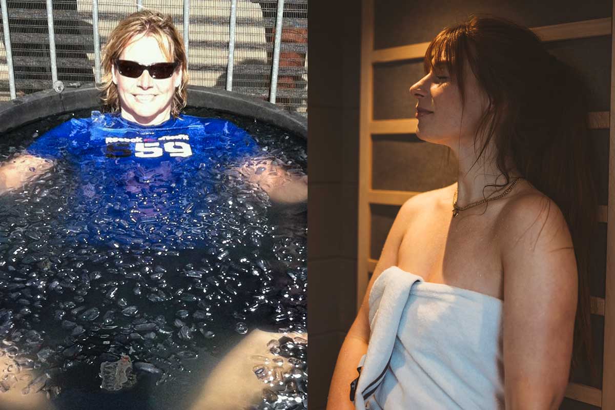 Split view of ice bath and sauna representing contrast therapy