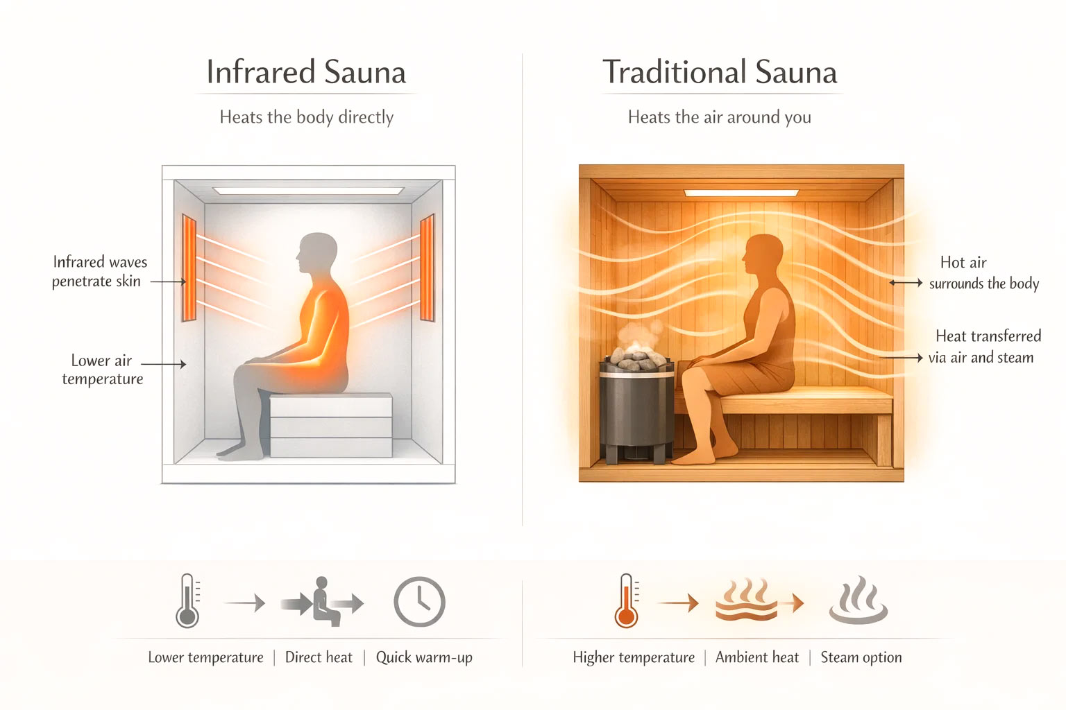 Infographic comparing infrared and traditional sauna heat delivery, showing direct infrared radiation heating the body versus heated air circulating from a sauna heater and stones