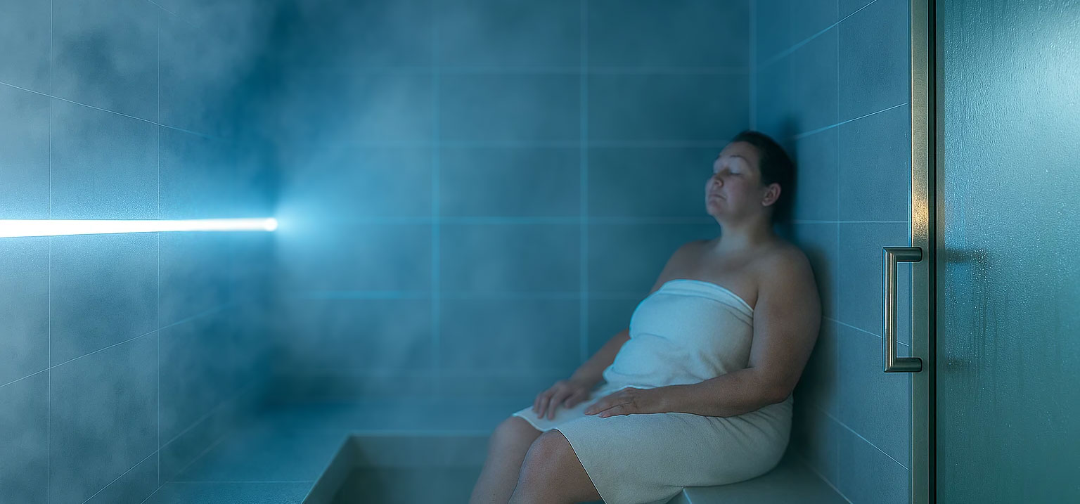 A woman sitting in a steam room, wearing a towel and relaxing with eyes closed