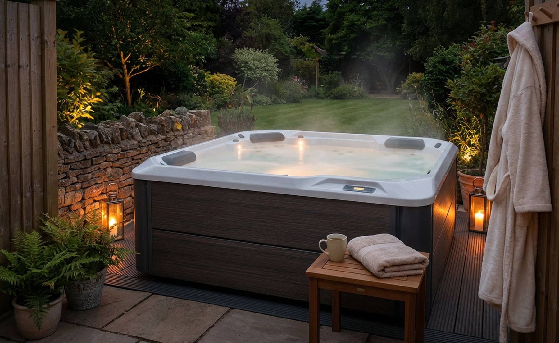 A peaceful evening garden scene featuring a modern outdoor hot tub which is gently steaming in the cool air, with the water surface calm and softly lit from below the waterline. On a small side table next to the tub sits a plain ceramic mug of herbal tea and a folded, neutral coloured towel. A fluffy robe hangs on a nearby hook or chair. Warm, subtle garden lighting and one or two lanterns create a cosy glow around the tub, while the rest of the garden falls into softer shadow. No people are visible, suggesting a private, quiet moment waiting for someone who needs rest.