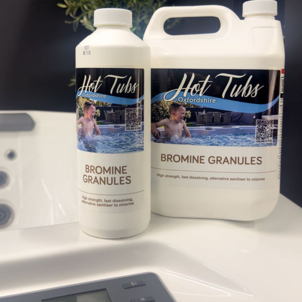 Hot Tubs Oxfordshire bromine granules beside a hot tub.