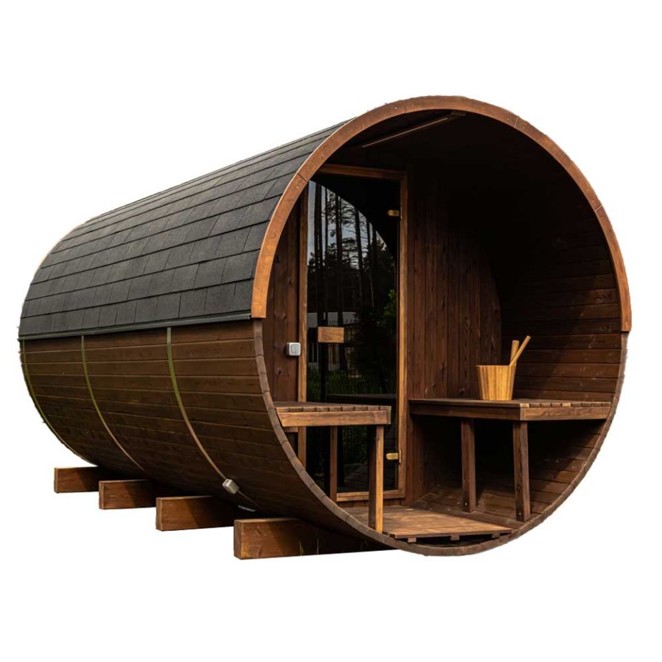 A Hekla barrel outdoor sauna