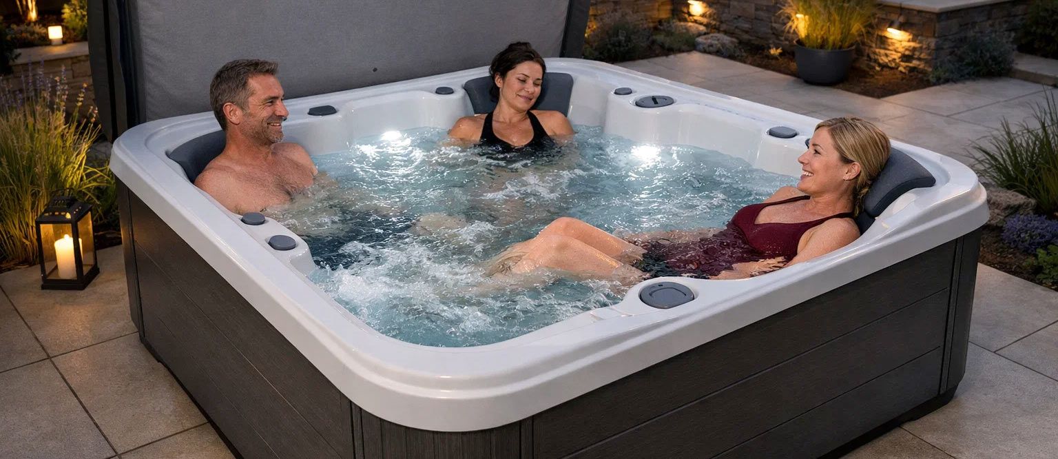 Three friends sharing a hot tub in a stylish UK garden at twilight