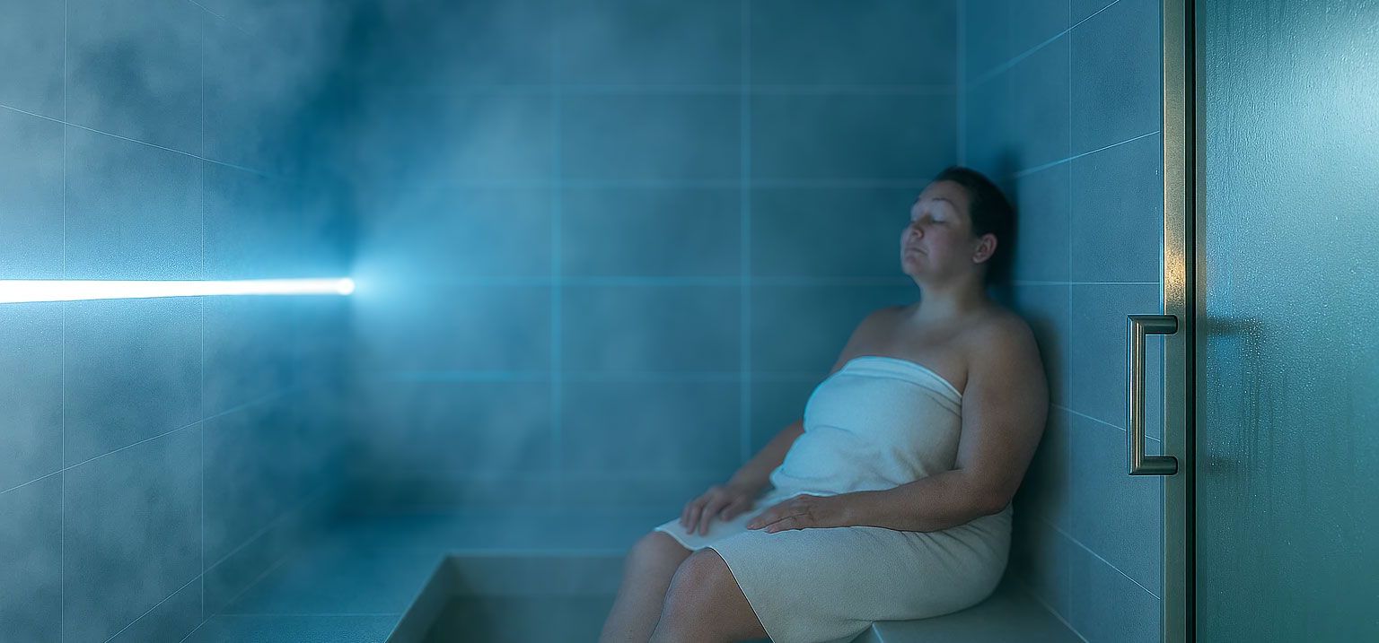 A woman sitting in a steam room, wearing a towel and relaxing with eyes closed