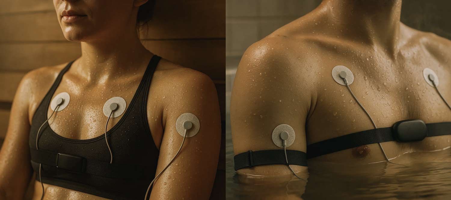 Split image with one side showing a close up of a young woman's upper body, wearing a black sports bra with bio-monitors attached to her skin. Her skin is sweating from the sauna she is sitting in. The other side shows a close up of a young man's upper body, w with bio-monitors attached to his skins he is sitting in a hot tub