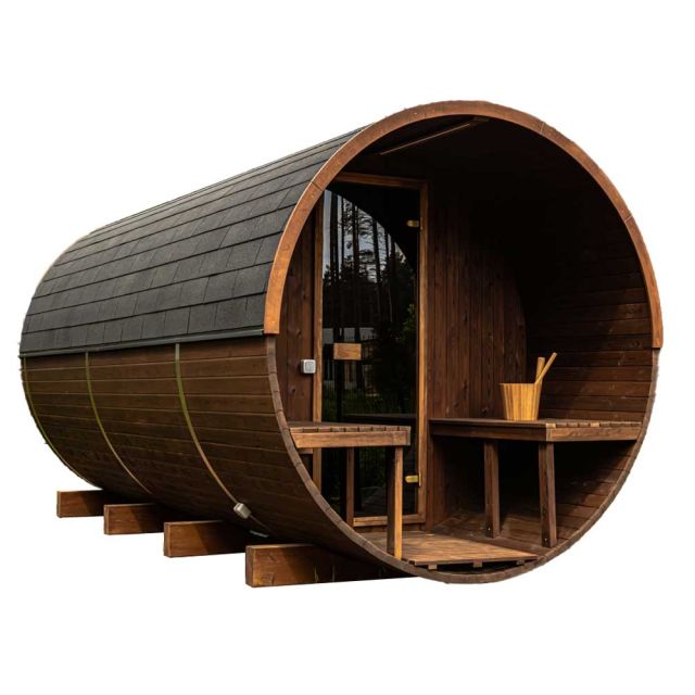 A Hekla barrel outdoor sauna