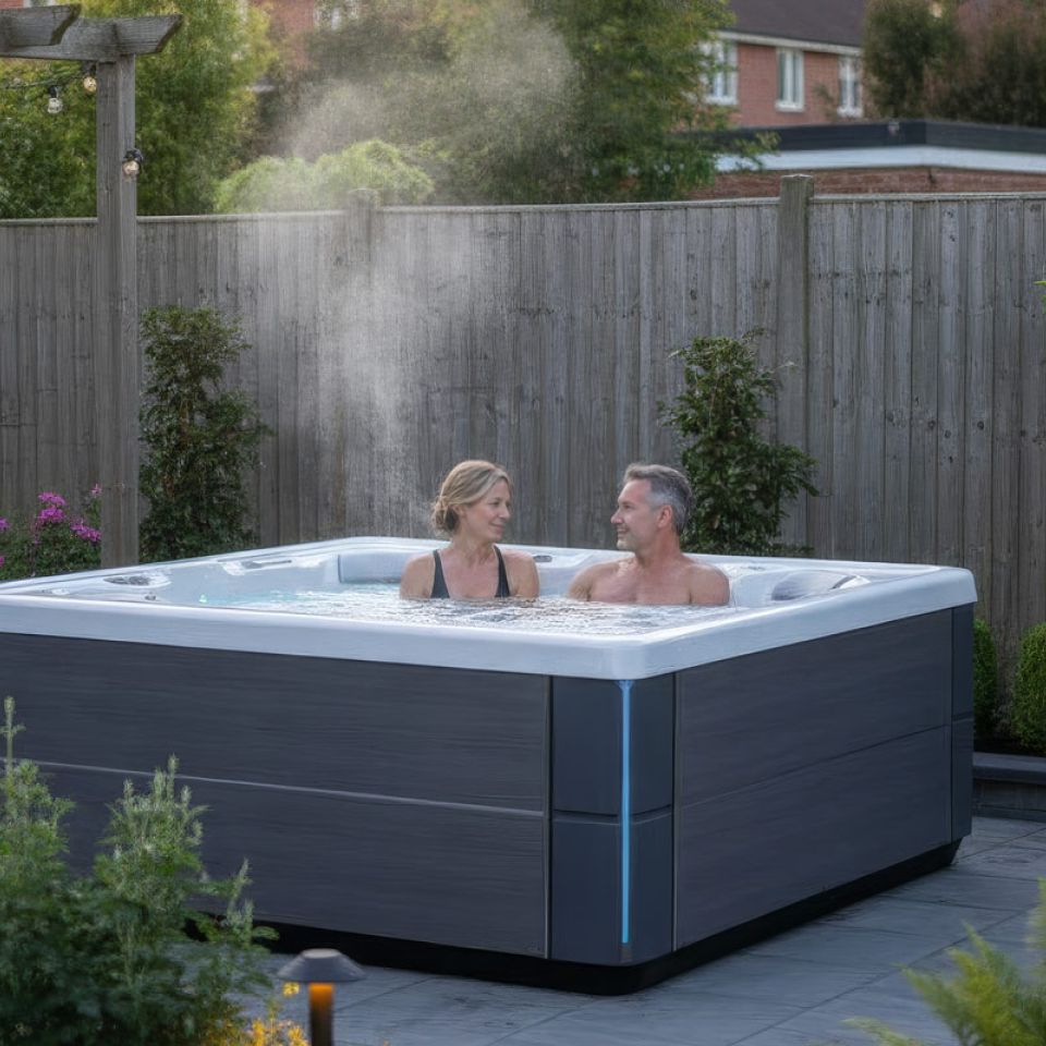 Couple relaxing quietly in a HotSpring hot tub in a peaceful UK garden in the evening