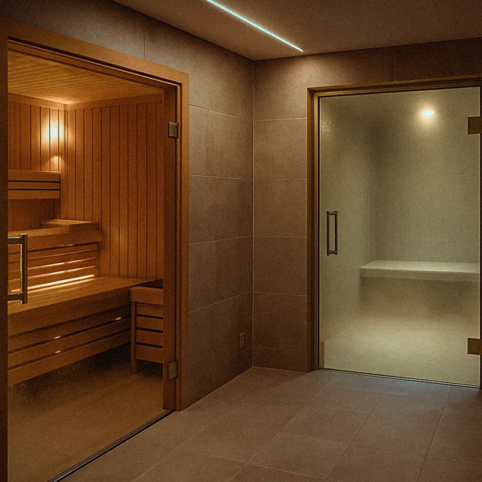 Warm, tranquil spa room with a Finnish-style sauna and adjacent steam room, softly lit and pristine.