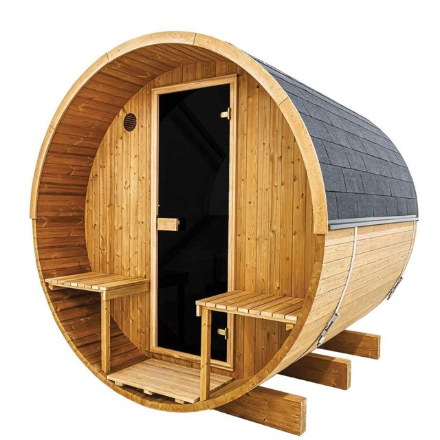 A Hekla barrel outdoor sauna