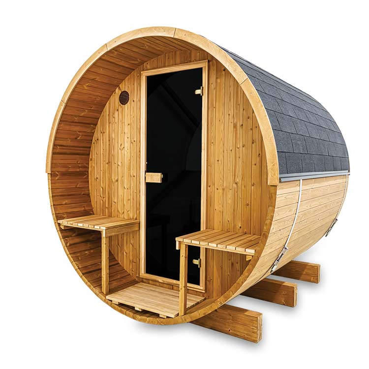 A Hekla barrel sauna, isolated against a white background