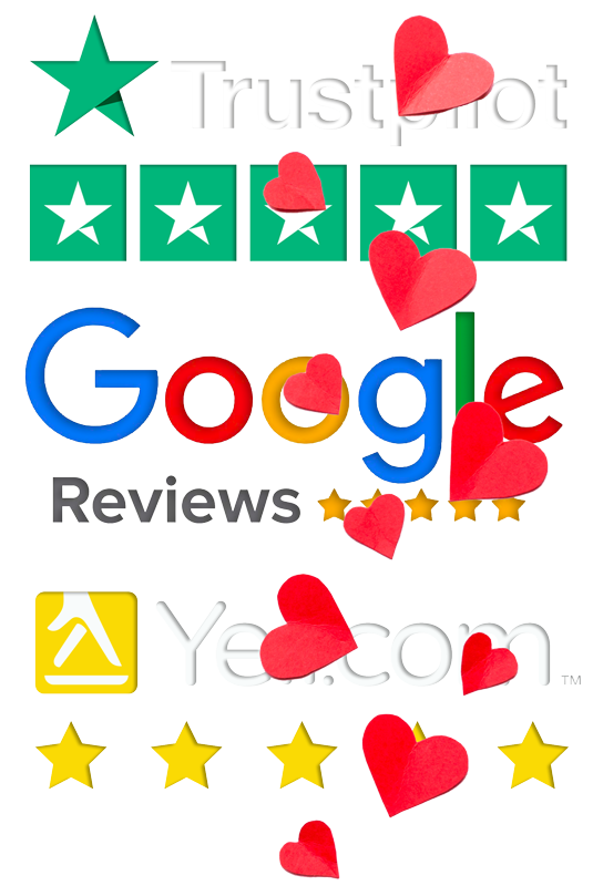 The logos for Truspilot, Google Reviews, and Yell.com with red paper hearts