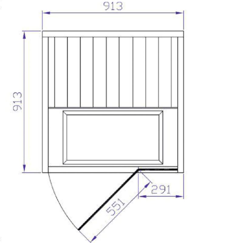 Top-down view schematic of the T810H Infrared sauna cabin showing measurements