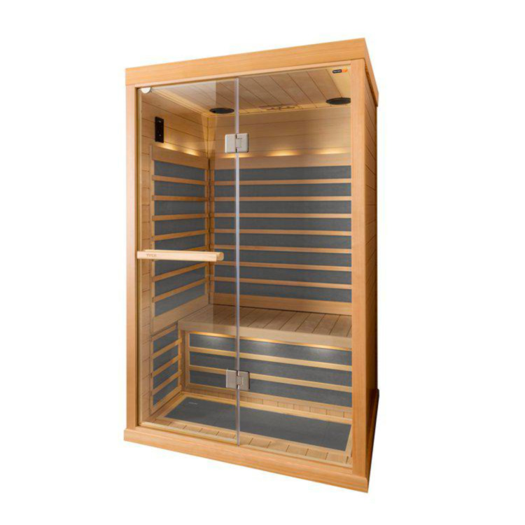 The Tylo T820H infrared sauna cabin with black IR panels and interior lighting, set against a white background.