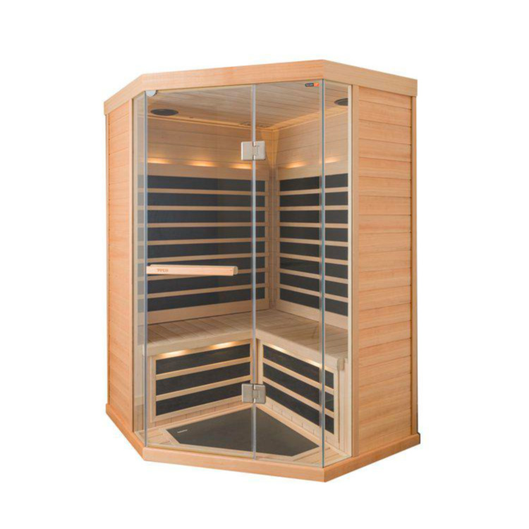 The Tylo T870 H infrared sauna cabin with black IR panels and interior lighting, set against a white bacground.